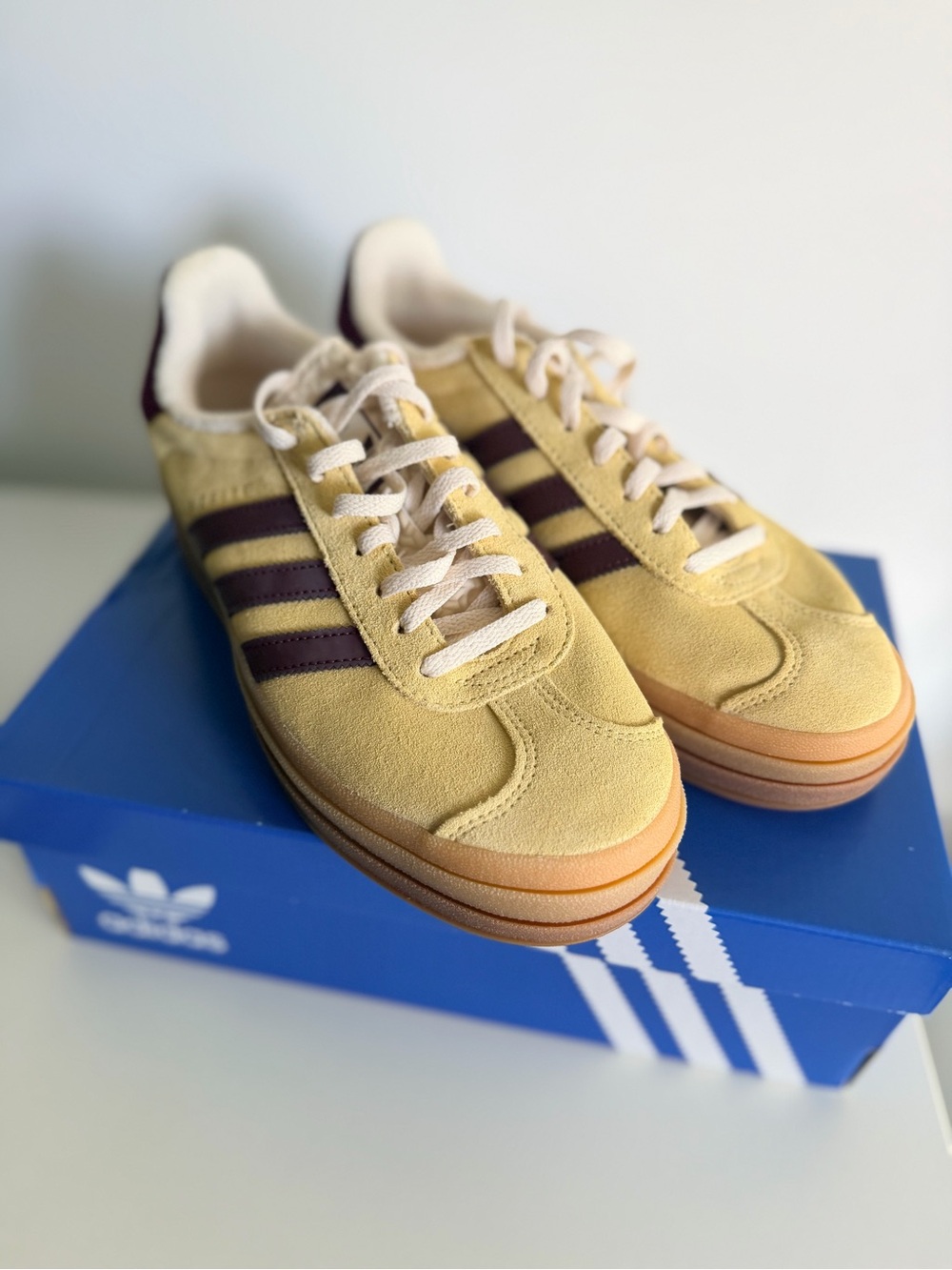 Adidas Gazelle  Yellow Suede Platform Sneaker with Dark Red  Stripes - Picture 2 of 4